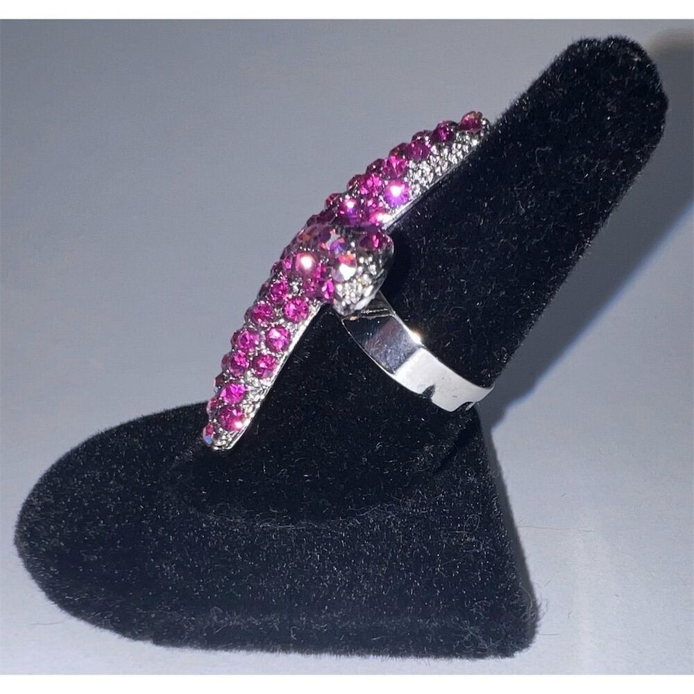 Neon Fuchsia Pink Crystal Starfish Adjustable Ring Ocean Theme - Picture 3 of 6